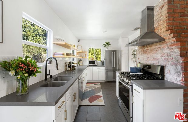 Interior, Kitchen, Recessed Lighting, Stainless Steel Appliances, Stone Walls