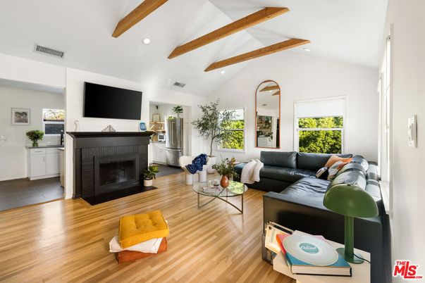 Fireplace, Interior, Living room, Recessed Lighting, Wooden Beams, Wood Texture Flooring