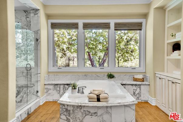 Bathroom, Glass Shower, Interior, Marble Walls, Wood Texture Flooring