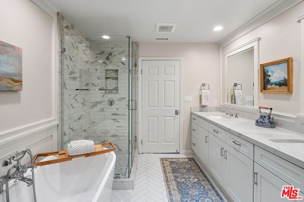Bathroom, Dual Sink Vanities, Glass Shower, Interior, Marble Walls, Recessed Lighting