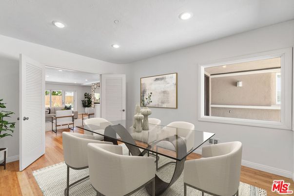 Dining room, Interior, Pendant Lights, Recessed Lighting, Wood Texture Flooring