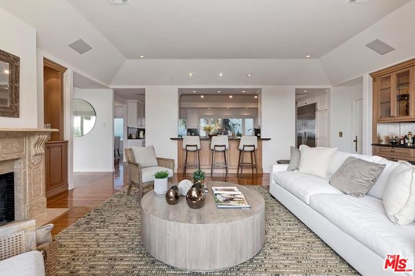 Fireplace, Interior, Kitchen, Living room, Recessed Lighting, Wood Texture Flooring