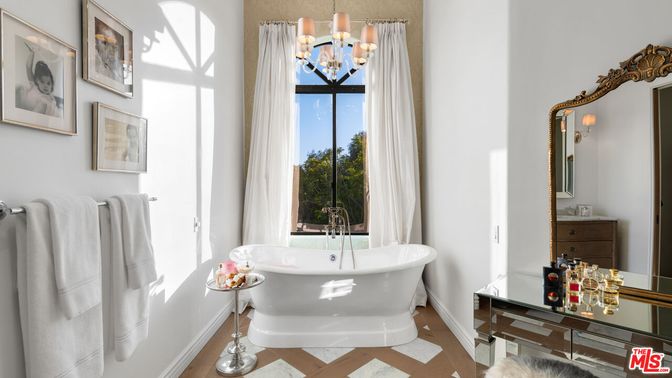 Bathroom, Chandelier, Free Standing Baths, Interior, Wood Texture Flooring