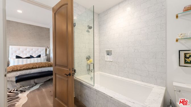 Bathroom, Glass Shower, Interior, Recessed Lighting, Wood Texture Flooring