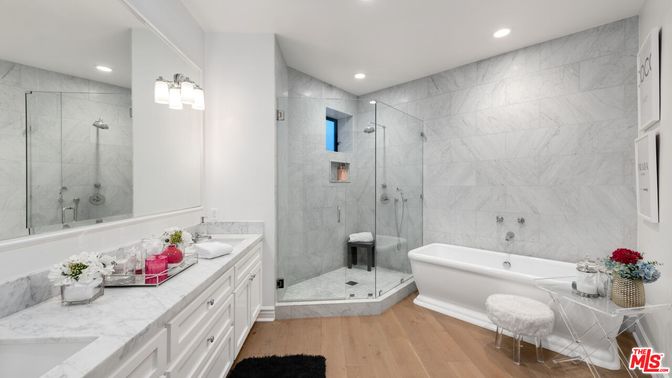 Bathroom, Glass Shower, Interior, Marble Walls, Recessed Lighting, Wood Texture Flooring