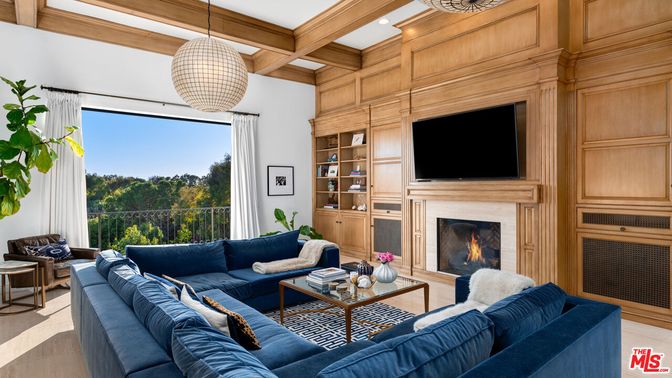 Fireplace, Interior, Living room, Pendant Lights, Recessed Lighting, Wooden Beams, Wooden Walls