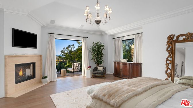 Bedroom, Chandelier, Fireplace, Interior, Wood Texture Flooring