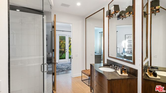 Bathroom, Glass Shower, Interior, Recessed Lighting, Wood Texture Flooring