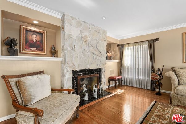 Fireplace, Interior, Recessed Lighting, Stone Walls, Wood Texture Flooring