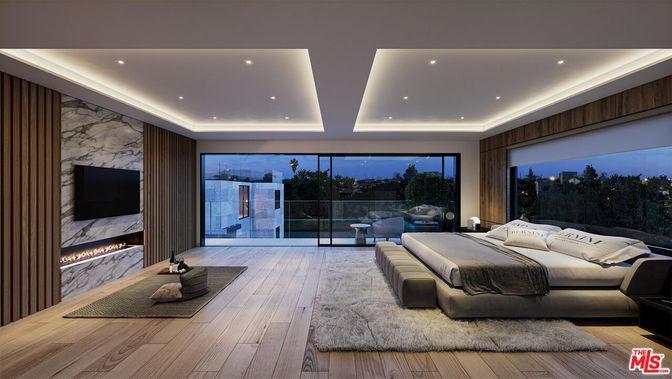 Bedroom, Fireplace, Interior, Recessed Lighting, Wood Texture Flooring