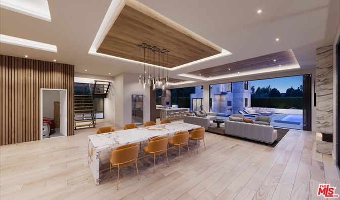 Dining room, Interior, Living room, Pendant Lights, Recessed Lighting, Wooden Ceilings, Wood Texture Flooring