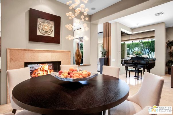 Dining room, Fireplace, Interior, Pendant Lights, Piano