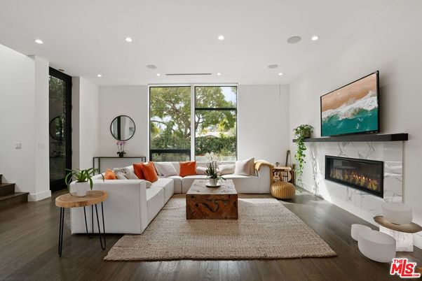 Fireplace, Interior, Living room, Recessed Lighting, Wood Texture Flooring