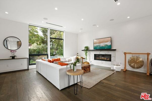Fireplace, Interior, Living room, Recessed Lighting, Wood Texture Flooring