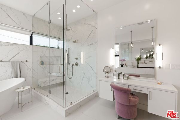 Bathroom, Glass Shower, Interior, Marble Walls, Pendant Lights, Recessed Lighting