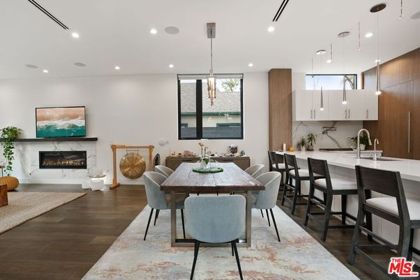 Dining room, Fireplace, Interior, Kitchen, Pendant Lights, Recessed Lighting, Wood Texture Flooring