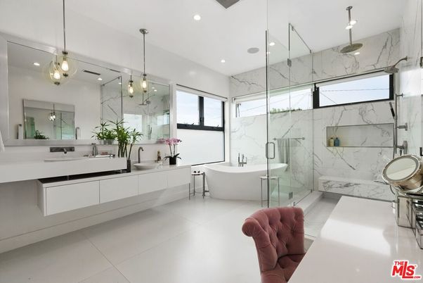 Bathroom, Dual Sink Vanities, Free Standing Baths, Glass Shower, Interior, Marble Walls, Pendant Lights, Recessed Lighting