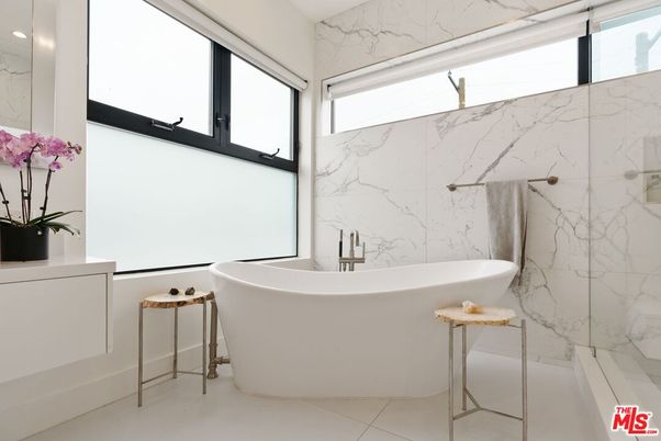 Bathroom, Free Standing Baths, Glass Shower, Interior, Marble Walls, Recessed Lighting