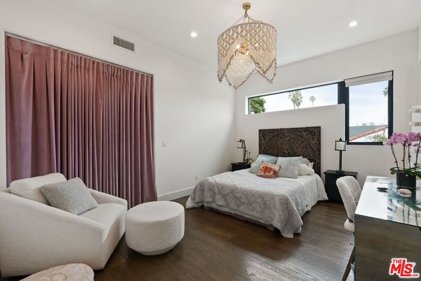Bedroom, Chandelier, Interior, Recessed Lighting, Wood Texture Flooring