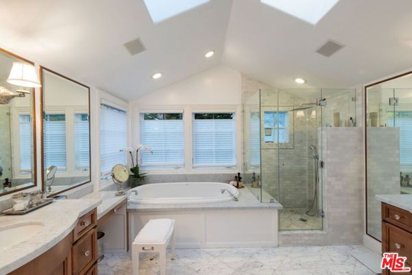 Bathroom, Dual Sink Vanities, Glass Shower, Interior, Marble, Recessed Lighting