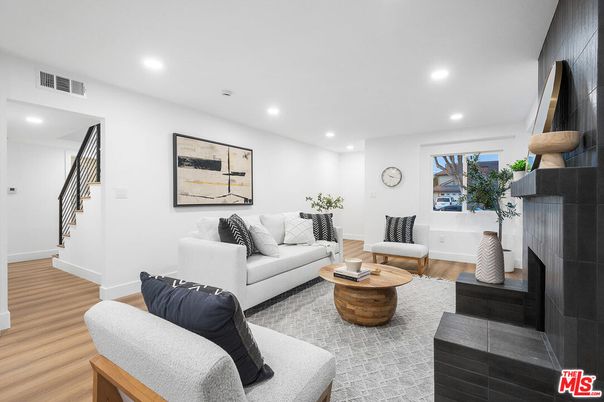 Fireplace, Interior, Living room, Recessed Lighting, Wood Texture Flooring