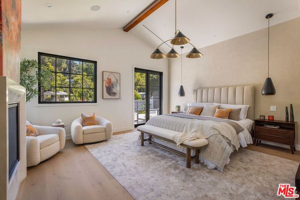 Bedroom, Interior, Pendant Lights, Recessed Lighting, Wooden Beams, Wood Texture Flooring