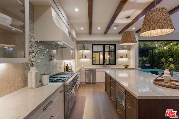 Interior, Kitchen, Pendant Lights, Recessed Lighting, Stainless Steel Appliances, Wooden Beams, Wood Texture Flooring