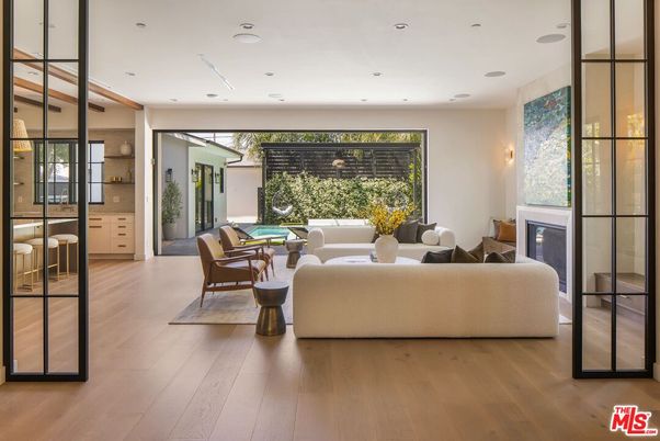 Fireplace, Interior, Living room, Recessed Lighting, Wood Texture Flooring