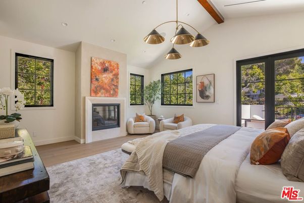 Bedroom, Fireplace, Interior, Recessed Lighting, Wooden Beams, Wood Texture Flooring