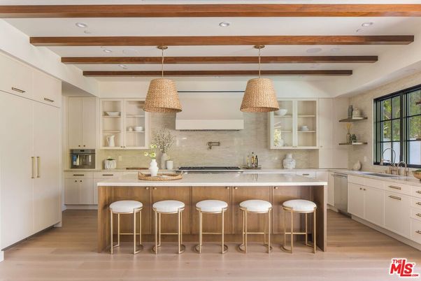Interior, Kitchen, Pendant Lights, Recessed Lighting, Stainless Steel Appliances, Wooden Beams, Wood Texture Flooring