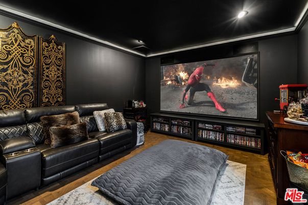 Interior, Projection Screen, Recessed Lighting, Theatre Room, Wood Texture Flooring