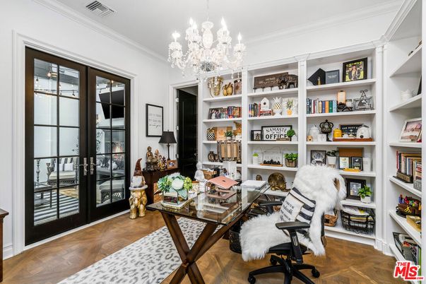 Chandelier, Home Office, Interior, Wood Texture Flooring
