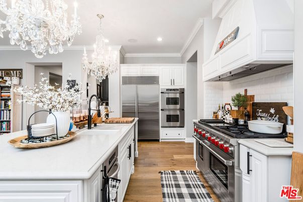 Chandelier, Interior, Kitchen, Recessed Lighting, Stainless Steel Appliances, Wood Texture Flooring