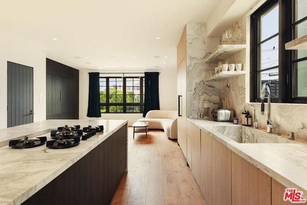 Interior, Kitchen, Living room, Marble Walls, Recessed Lighting, Wood Texture Flooring