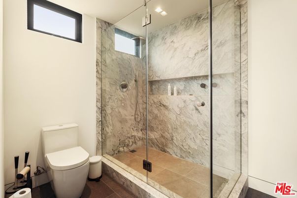 Bathroom, Glass Shower, Interior, Marble Walls, Recessed Lighting