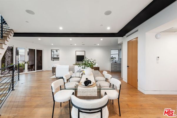 Dining room, Interior, Living room, Recessed Lighting, Wood Texture Flooring
