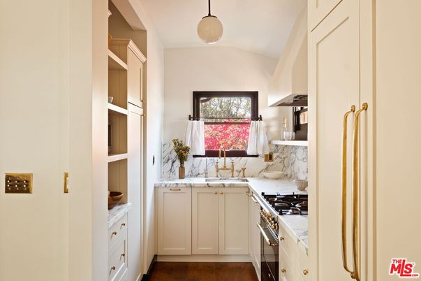 Interior, Kitchen, Marble Walls, Pendant Lights, Wood Texture Flooring
