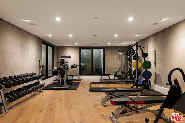Fitness Equipment, Gym, Interior, Recessed Lighting, Wood Texture Flooring