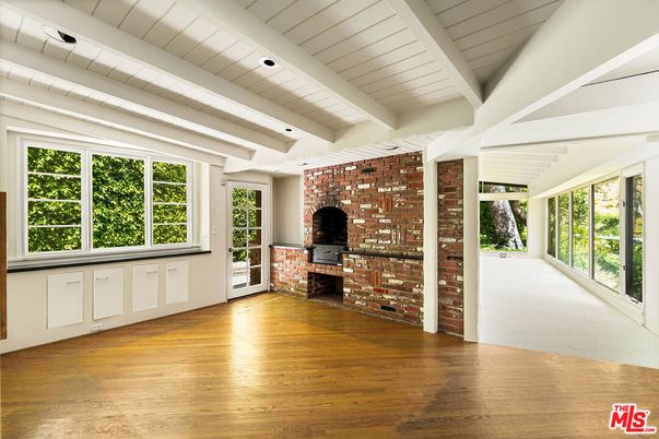 Empty room, Fireplace, Interior, Stone Walls, Wood Texture Flooring