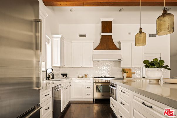 Interior, Kitchen, Pendant Lights, Stainless Steel Appliances, Wooden Beams, Wood Texture Flooring