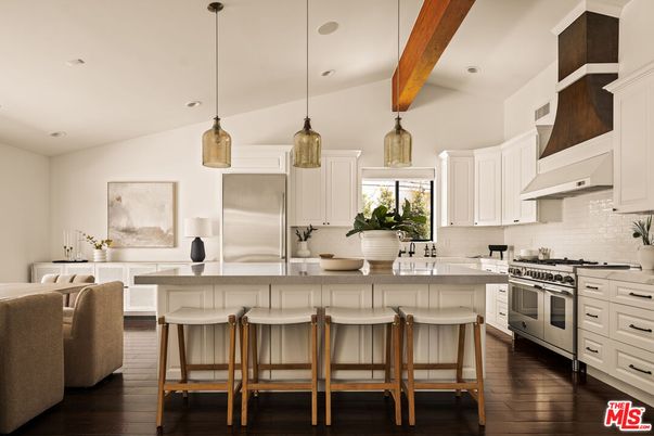 Interior, Kitchen, Pendant Lights, Recessed Lighting, Stainless Steel Appliances, Wooden Beams, Wood Texture Flooring