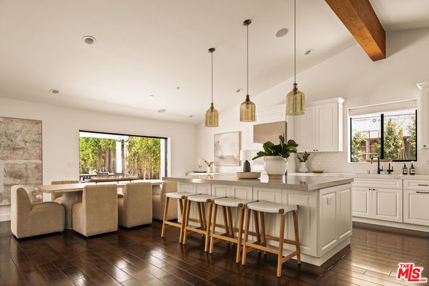 Interior, Kitchen, Pendant Lights, Recessed Lighting, Wooden Beams, Wood Texture Flooring