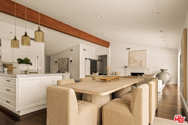 Dining room, Fireplace, Interior, Kitchen, Living room, Pendant Lights, Recessed Lighting, Wooden Beams, Wood Texture Flooring