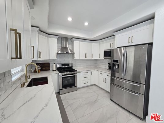Interior, Kitchen, Marble, Recessed Lighting, Stainless Steel Appliances
