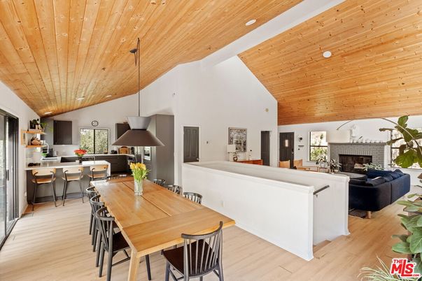 Dining room, Fireplace, Interior, Kitchen, Living room, Pendant Lights, Recessed Lighting, Wooden Ceilings, Wood Texture Flooring