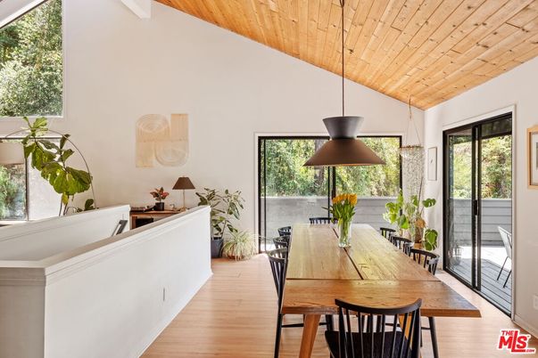 Dining room, Interior, Pendant Lights, Wooden Ceilings, Wood Texture Flooring