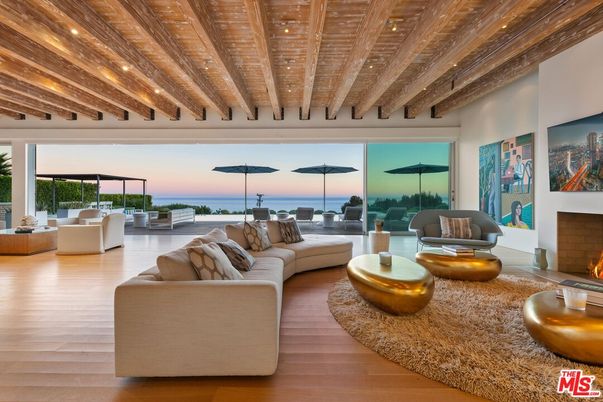 Fireplace, Interior, Living room, Recessed Lighting, Water, Wooden Beams, Wooden Ceilings, Wood Texture Flooring