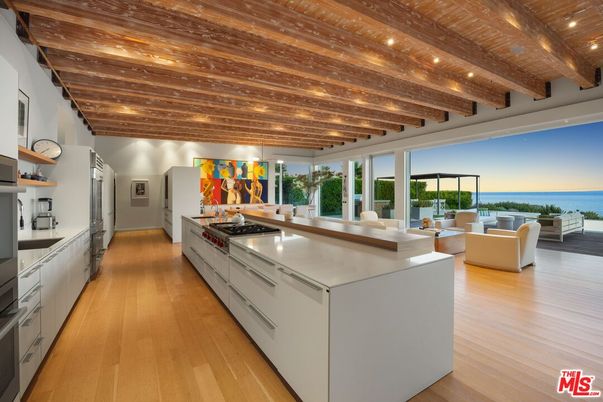 Interior, Kitchen, Living room, Recessed Lighting, Stainless Steel Appliances, Water, Wooden Beams, Wooden Ceilings, Wood Texture Flooring