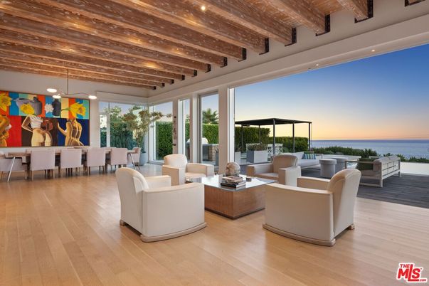 Dining room, Interior, Living room, Pendant Lights, Recessed Lighting, Water, Wooden Beams, Wooden Ceilings, Wood Texture Flooring