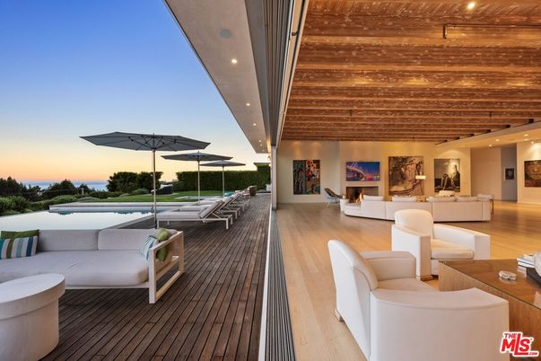 Exterior, Living room, Recessed Lighting, Water, Wooden Ceilings, Wood Texture Flooring